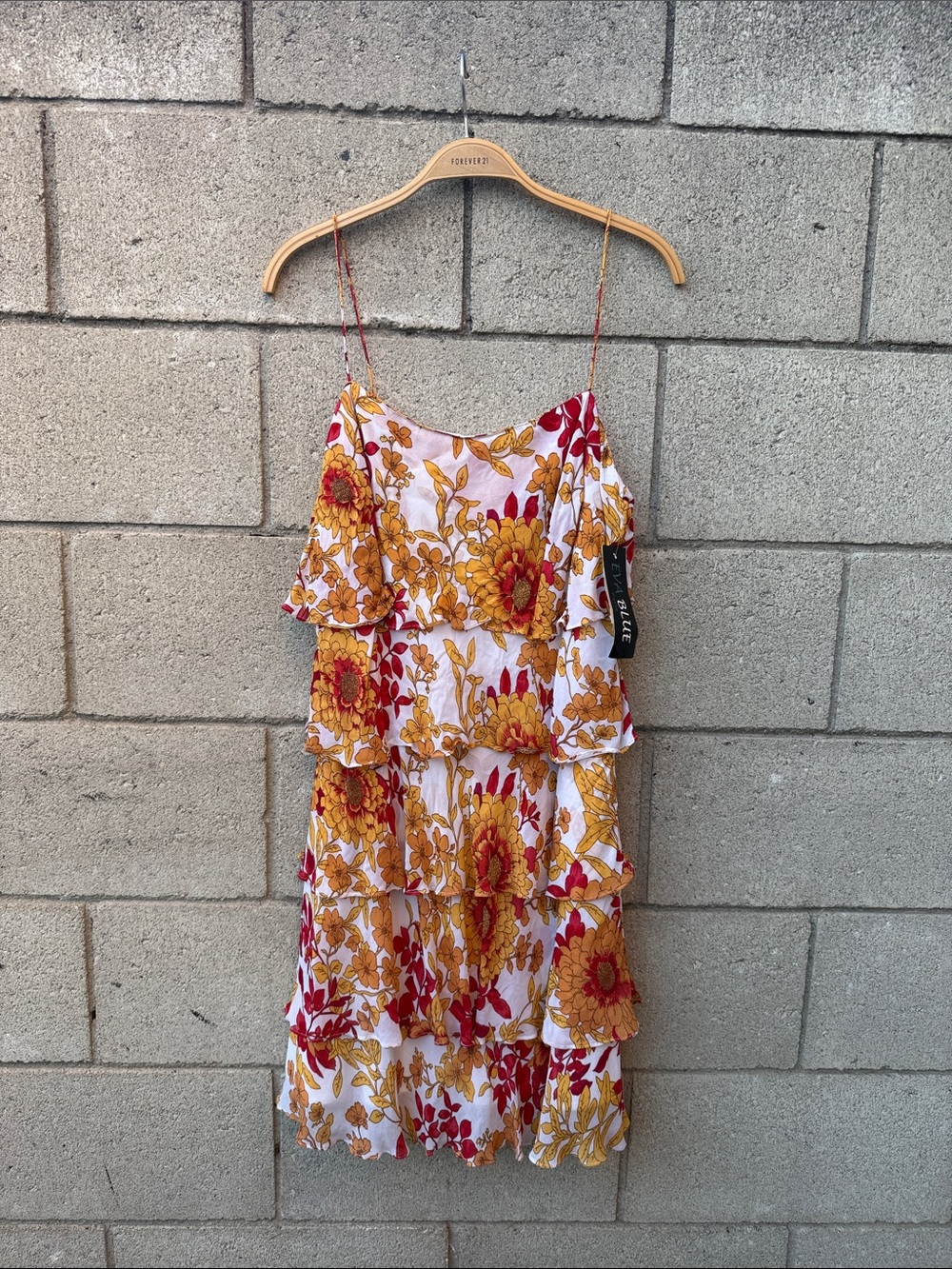NWT. Floral Tiered Spaghetti-Strap Dress in White, Mustard & Red